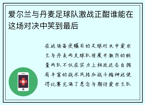 爱尔兰与丹麦足球队激战正酣谁能在这场对决中笑到最后